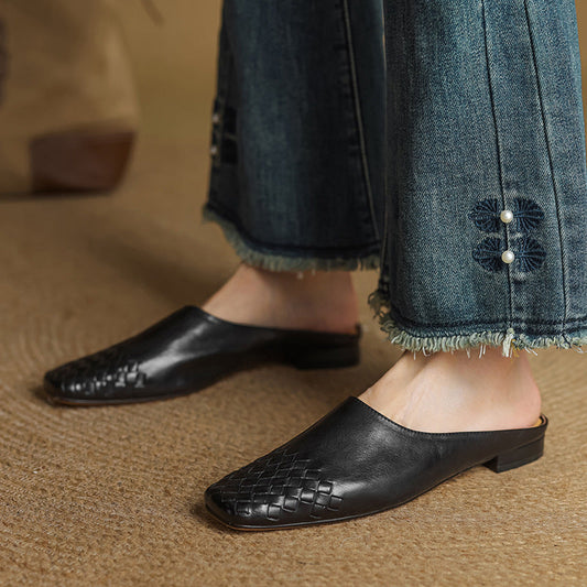 LORÉVA Woven Leather Square Toe Mules