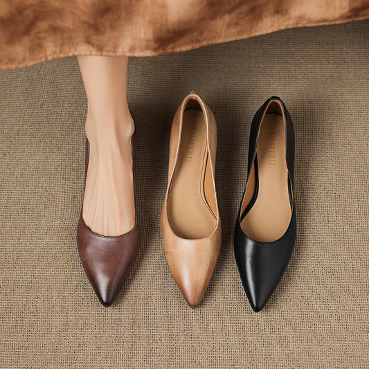 LORÉVA Burnished Leather Pointed-Toe Block Heel Flats
