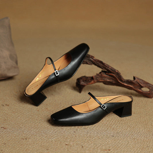 LORÉVA Buckled Strap Square Toe Leather Mules