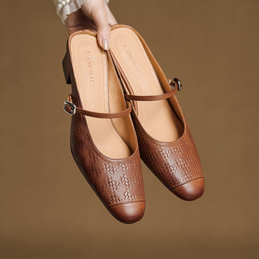 LORÉVA Leather Mary Jane Block Heel Mules