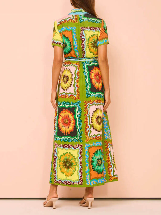 LORÉVA Sunflower Print Satin Midi Dress