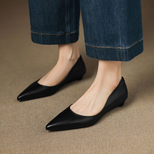 LORÉVA Burnished Leather Pointed-Toe Block Heel Flats