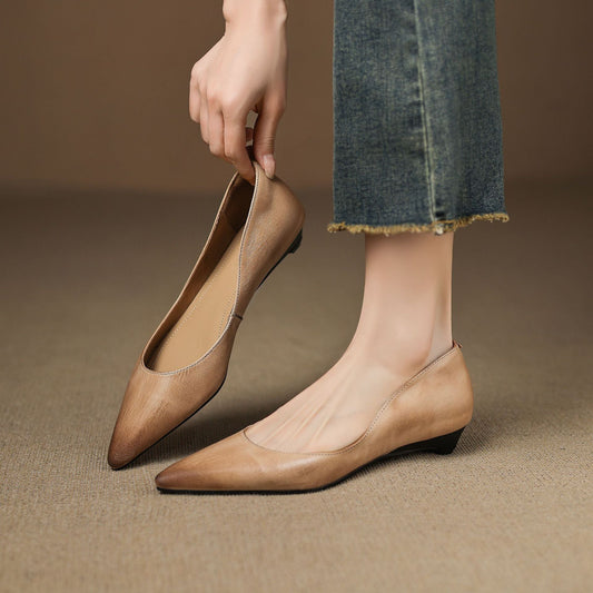LORÉVA Burnished Leather Pointed-Toe Block Heel Flats