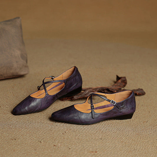 LORÉVA Leather Cross-Strap Almond Toe Ballet Flats