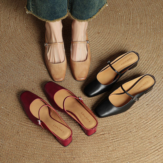 LORÉVA Buckled Strap Square Toe Leather Mules
