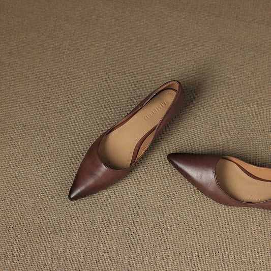 LORÉVA Burnished Leather Pointed-Toe Block Heel Flats