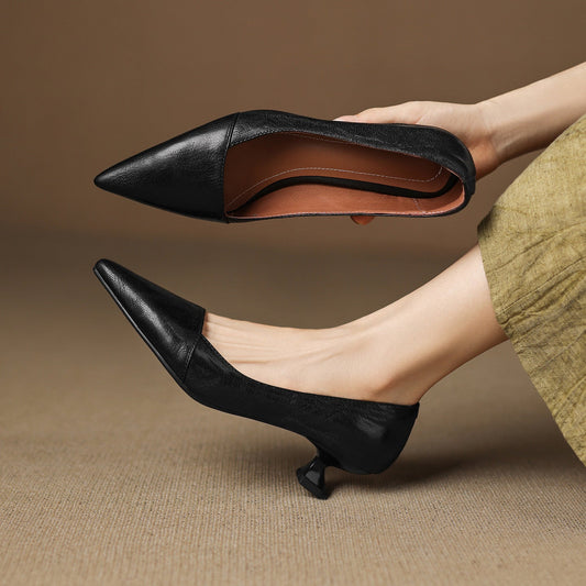 LORÉVA Distressed Leather Pointed-Toe Kitten Heel Pumps