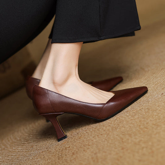 LORÉVA Leather Pointed-Toe Flared Heel Pumps