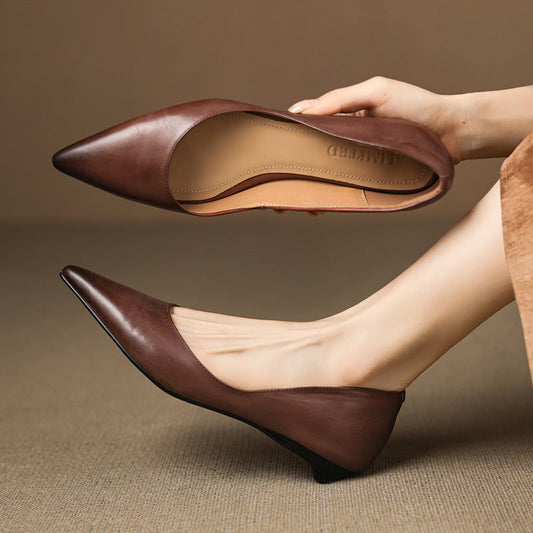 LORÉVA Burnished Leather Pointed-Toe Block Heel Flats