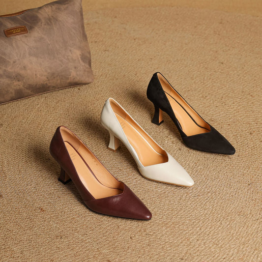 LORÉVA Leather Pointed-Toe Flared Heel Pumps