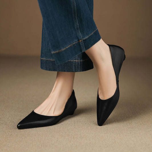 LORÉVA Burnished Leather Pointed-Toe Block Heel Flats