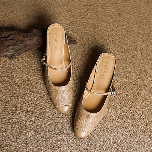 LORÉVA Leather Mary Jane Block Heel Mules