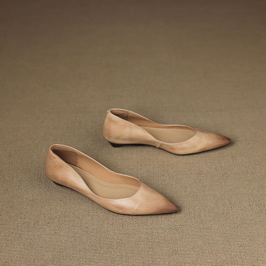LORÉVA Burnished Leather Pointed-Toe Block Heel Flats