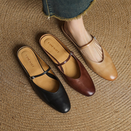 LORÉVA Almond Toe Leather Mary Jane Mules