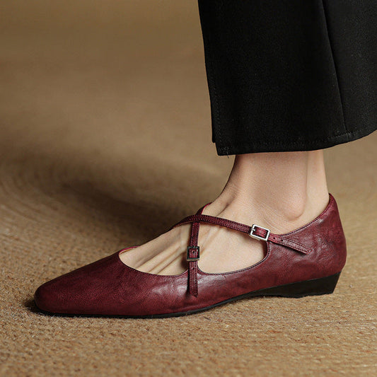 LORÉVA Leather Cross-Strap Almond Toe Ballet Flats
