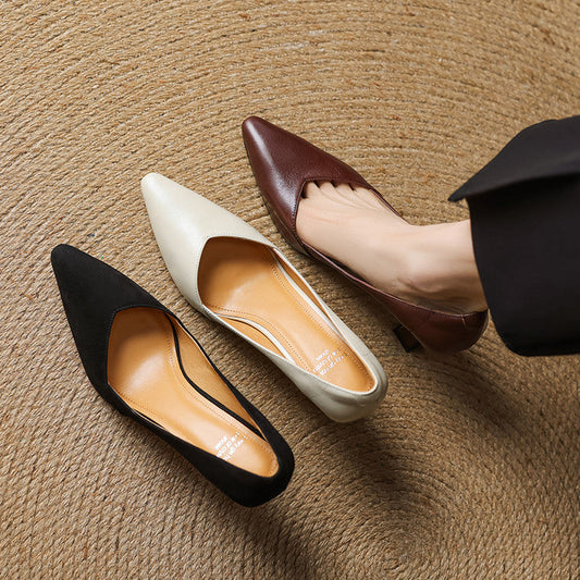 LORÉVA Leather Pointed-Toe Flared Heel Pumps