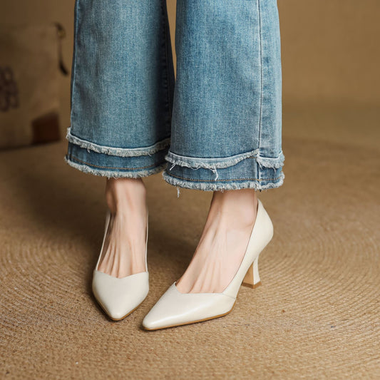 LORÉVA Leather Pointed-Toe Flared Heel Pumps