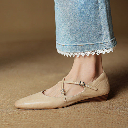 LORÉVA Leather Cross-Strap Almond Toe Ballet Flats