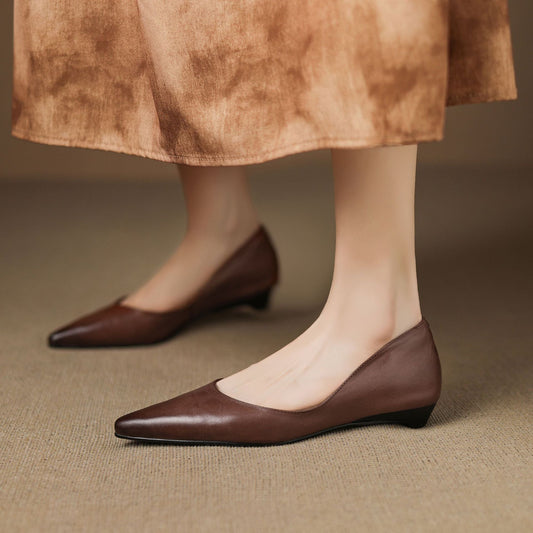 LORÉVA Burnished Leather Pointed-Toe Block Heel Flats