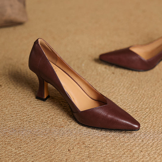 LORÉVA Leather Pointed-Toe Flared Heel Pumps