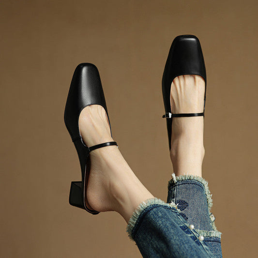 LORÉVA Buckled Strap Square Toe Leather Mules