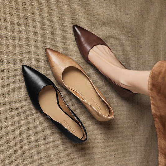 LORÉVA Burnished Leather Pointed-Toe Block Heel Flats