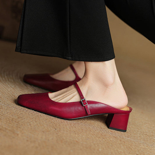 LORÉVA Buckled Strap Square Toe Leather Mules