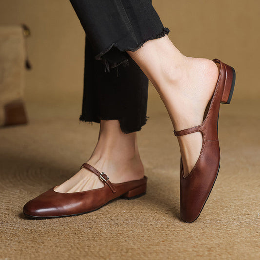 LORÉVA Almond Toe Leather Mary Jane Mules