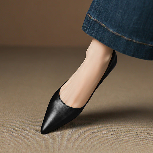 LORÉVA Burnished Leather Pointed-Toe Block Heel Flats