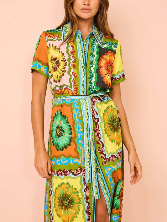 Sunflower Print Midi Dress, Summer Resort Beach Dress