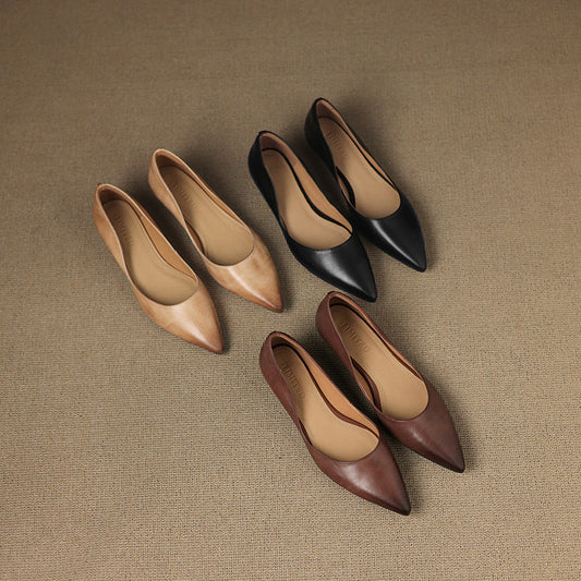 LORÉVA Burnished Leather Pointed-Toe Block Heel Flats