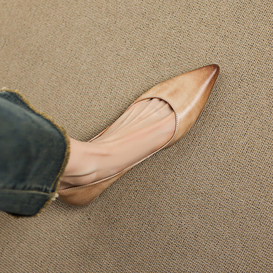 LORÉVA Burnished Leather Pointed-Toe Block Heel Flats