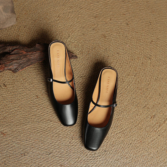 LORÉVA Buckled Strap Square Toe Leather Mules