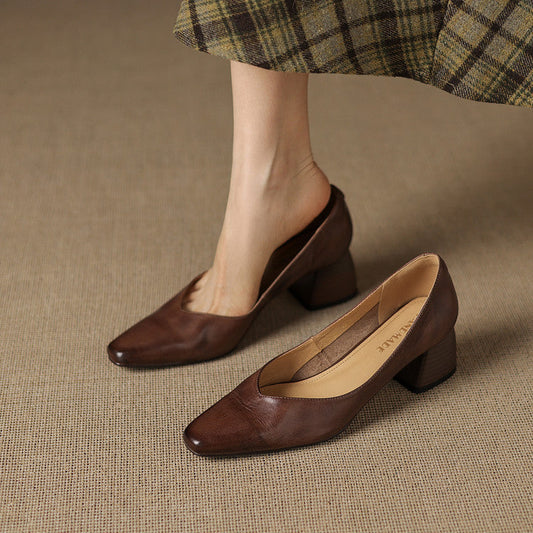 LORÉVA Genuine Leather Block Heel Pumps