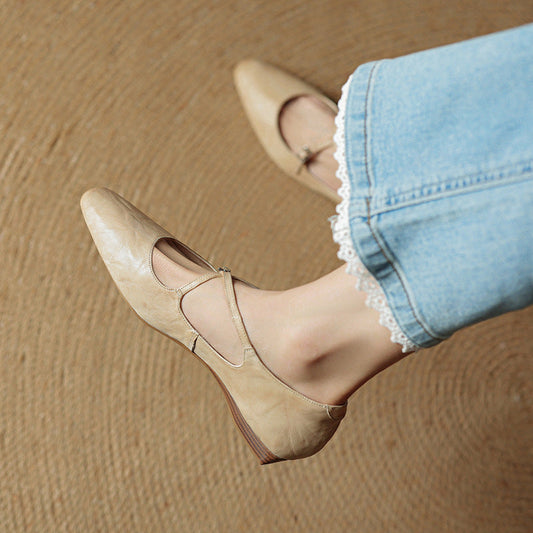 LORÉVA Leather Cross-Strap Almond Toe Ballet Flats