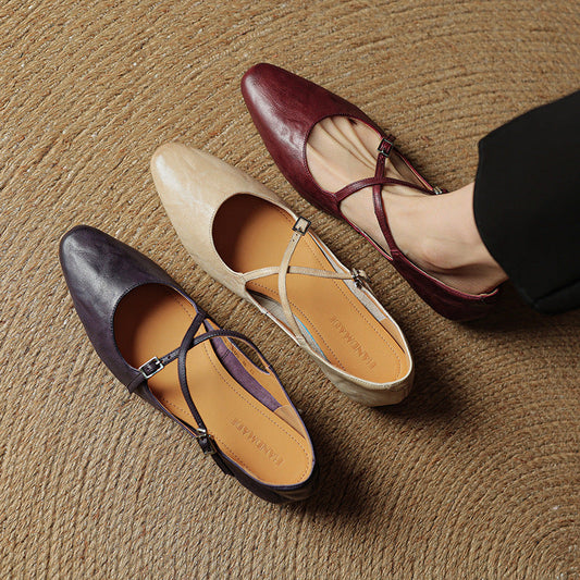 LORÉVA Leather Cross-Strap Almond Toe Ballet Flats