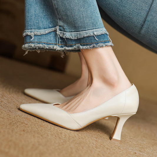 LORÉVA Leather Pointed-Toe Flared Heel Pumps