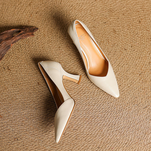 LORÉVA Leather Pointed-Toe Flared Heel Pumps