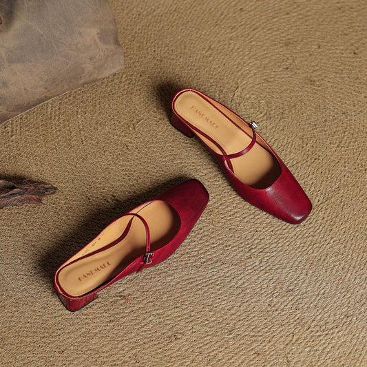 LORÉVA Buckled Strap Square Toe Leather Mules