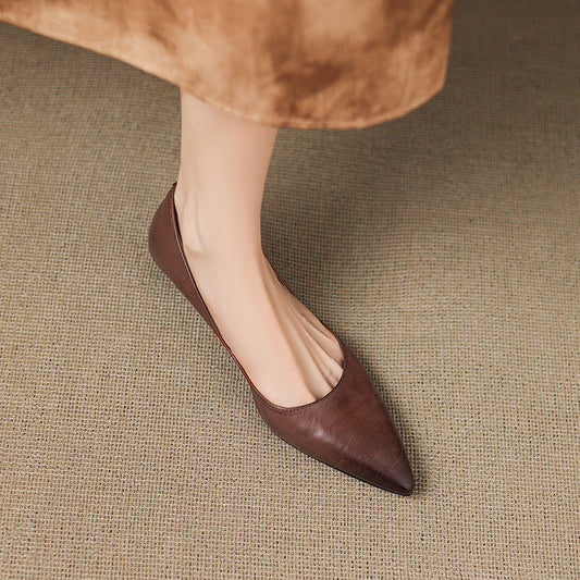 LORÉVA Burnished Leather Pointed-Toe Block Heel Flats