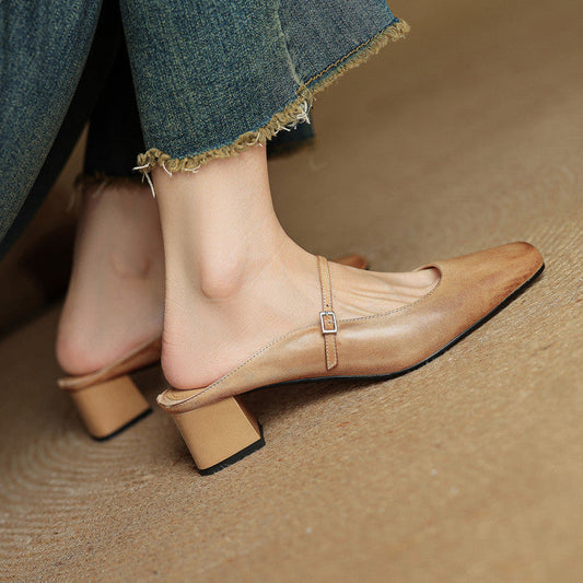 LORÉVA Buckled Strap Square Toe Leather Mules