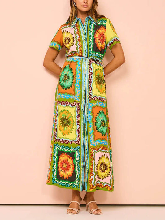 LORÉVA Sunflower Print Satin Midi Dress