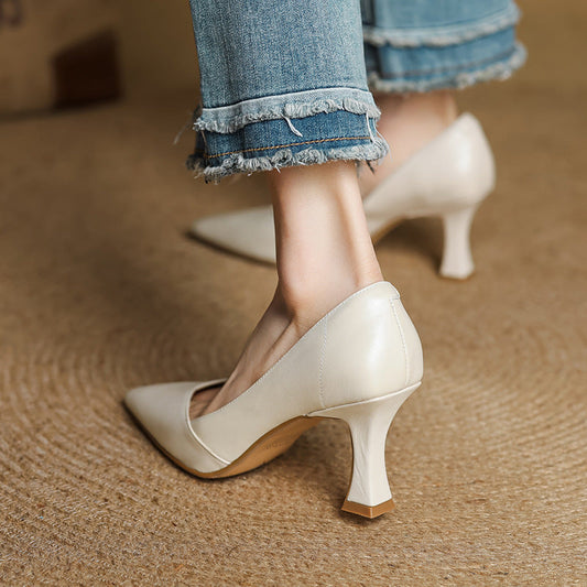 LORÉVA Leather Pointed-Toe Flared Heel Pumps