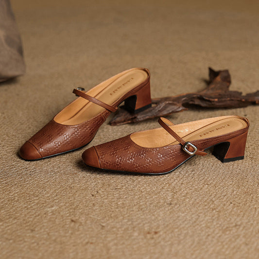 LORÉVA Leather Mary Jane Block Heel Mules
