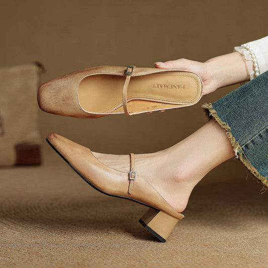 LORÉVA Buckled Strap Square Toe Leather Mules