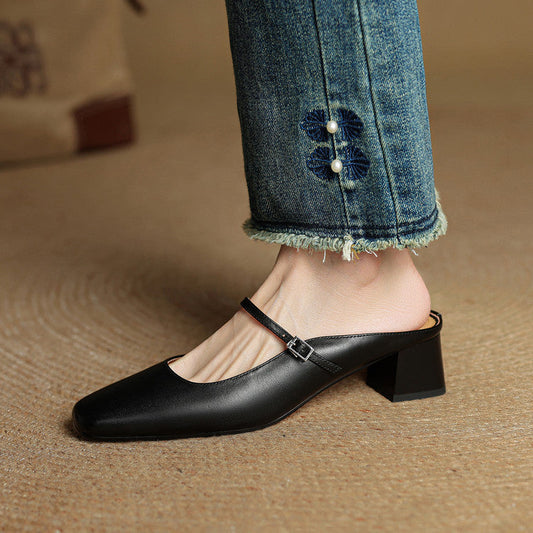 LORÉVA Buckled Strap Square Toe Leather Mules