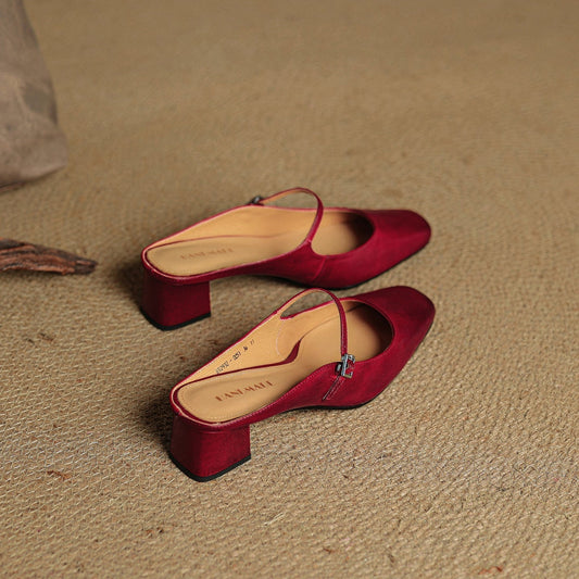 LORÉVA Buckled Strap Square Toe Leather Mules