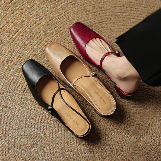 LORÉVA Buckled Strap Square Toe Leather Mules