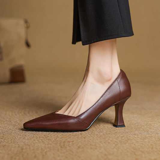 LORÉVA Leather Pointed-Toe Flared Heel Pumps