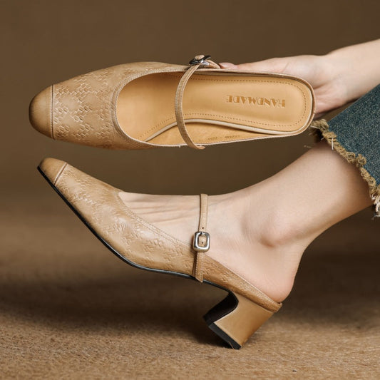 LORÉVA Leather Mary Jane Block Heel Mules